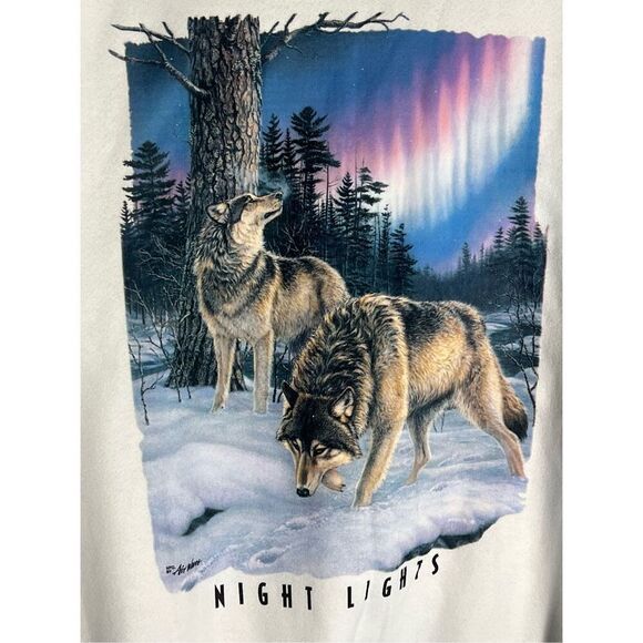 Vintage 90s Wolves Northern Lights Aurora Nature Sweater - Picture 2 of 7